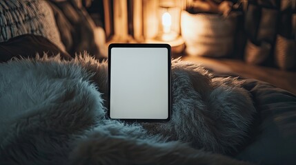 A tablet with a blank screen rests on a fluffy, light-colored rug or blanket in a dimly lit, cozy bedroom setting. Warm lighting from a nearby lamp creates a tranquil atmosphere