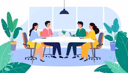 Four diverse professionals engaged in a collaborative discussion around a modern conference table, surrounded by lush indoor plants in a bright, contemporary office setting.