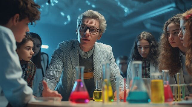Engaging male teacher passionately explaining a science experiment to attentive students in a laboratory setting. Colorful beakers and a dynamic atmosphere create an inspiring educational scene.
