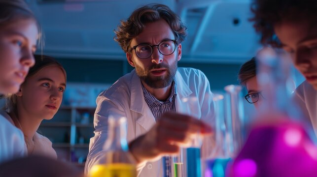 Engaging male teacher demonstrating a science experiment to attentive students in a laboratory setting. The vibrant colors of the chemicals create an inspiring atmosphere for educational themes.