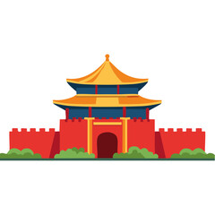 Red Imperial Gate Illustration, Asian Architecture, Pagoda Style, Wall with crenellations, traditional style