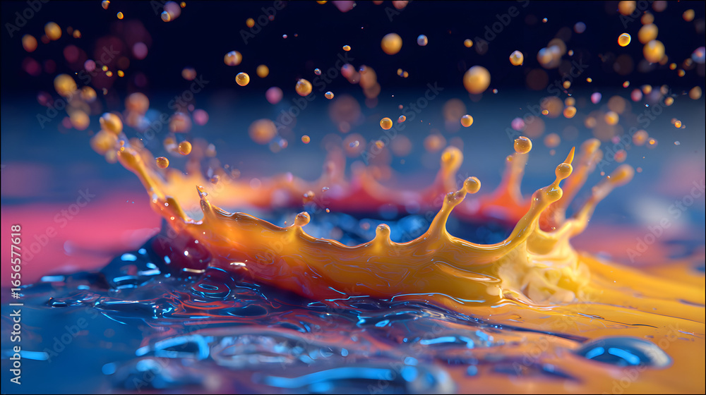 Poster dynamic liquid explosion abstract concept in vibrant amber and blue hues creating captivating artist