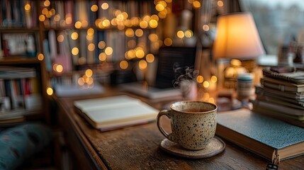and keyword list based on the image, following your instructions

 Hot beverage, open book on desk in cozy room with string lights.