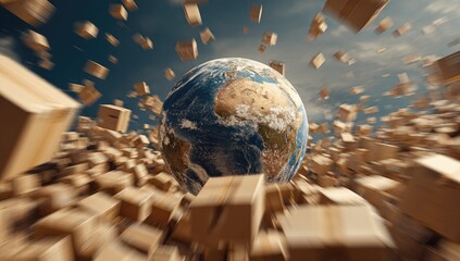 Earth surrounded by many cardboard boxes