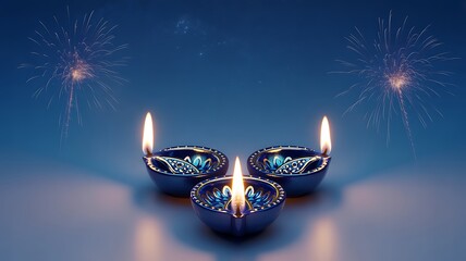 Three illuminated diwali oil lamps with sparks on blue background for festive season