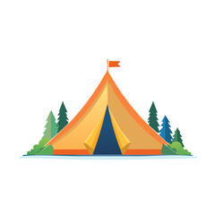 Camping tent scene illustration featuring orange tent, small flag, green bushes, and pine trees, isolated on white background