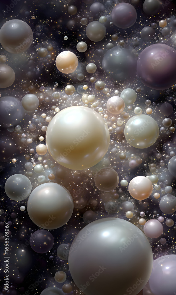 Poster elegant spheres floating in cosmic dust abstract background with opalescent colors creating a dreamy
