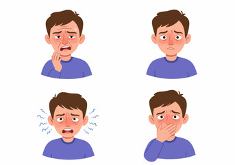 Illustrations of a man experiencing various uncomfortable health symptoms: toothache, illness, headache, and nausea.
