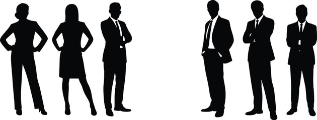 Professional business silhouettes of diverse corporate team members in various confident poses, representing teamwork, leadership, collaboration, and professional office environment