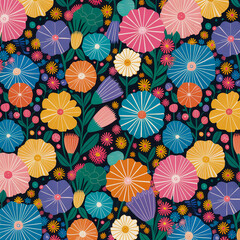 A seamless floral pattern with bold, circular blossoms in various shades, surrounded by lush leaves and sprigs, set against a dark background for a vibrant, modern, and decorative botanical design.