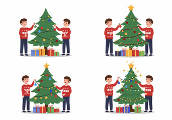 Two men in festive Christmas sweaters decorating a holiday tree with ornaments and lights, surrounded by colorful presents, in a cheerful celebration scene.