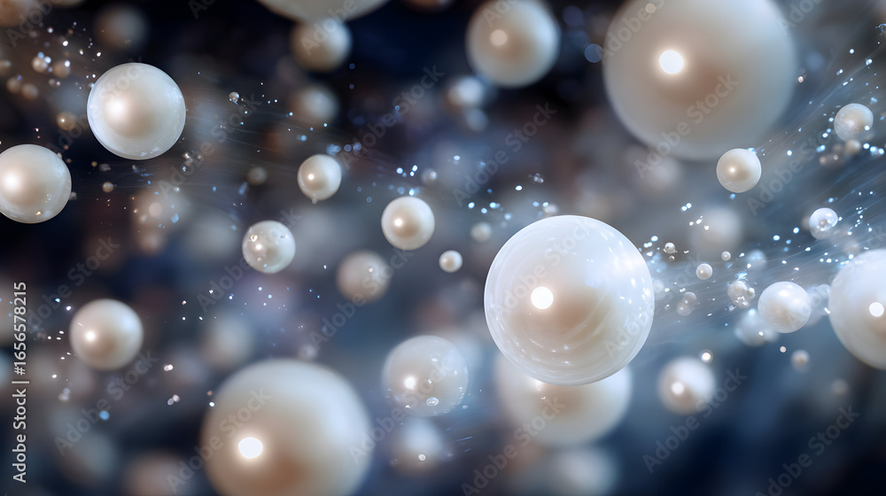 Poster elegant pearls floating in dreamy ethereal atmosphere shimmering orbs and sparkling particles creati