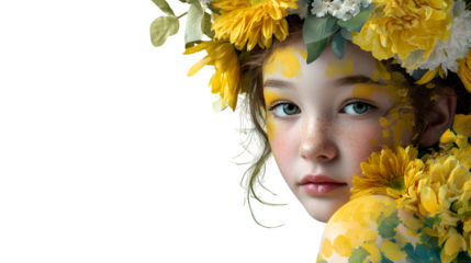 floral-themed young girl with yellow copy space background, HD realistic