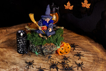 image with a halloween wizard who is sitting in a pointed hat with a broom on a mossy stump with...