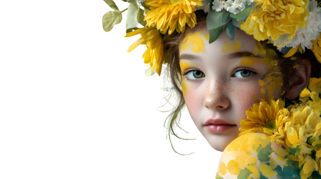 floral-themed young girl with yellow copy space background, HD realistic