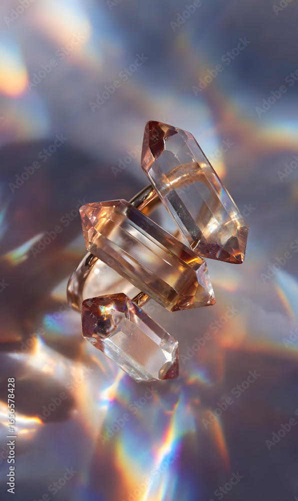 Poster illuminated quartz crystal point arrangement with refracted light creating a prism effect offering a