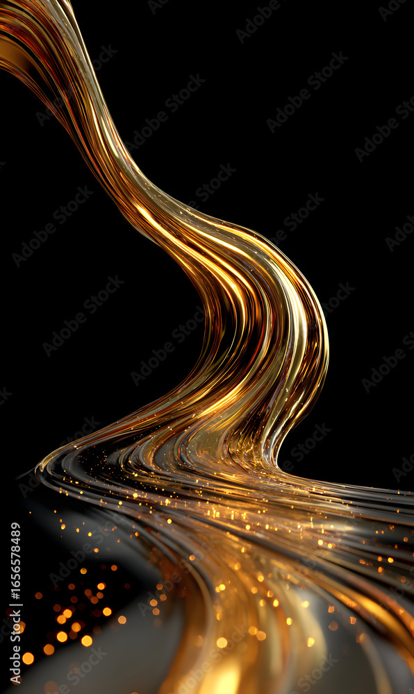 Poster abstract golden liquid wave flowing against a dark backdrop shimmering with light elegant curve with