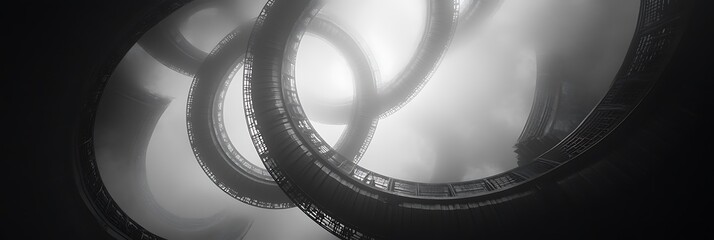 Recursive turbine architecture spiraling into foggy void with surreal mechanical symmetry monochrome noir palette