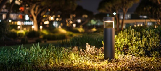 Night-time garden light fixture illuminating a landscaped area