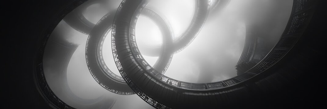 Recursive turbine architecture spiraling into foggy void with surreal mechanical symmetry monochrome noir palette