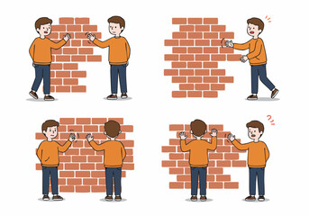 Illustration of men interacting with a brick wall, symbolizing communication barriers, obstacles, separation, and attempts to connect despite challenges in understanding or progress.