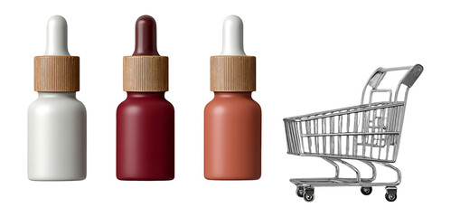 Obraz premium Three Dropper Bottles and Shopping Cart on Transparent Background