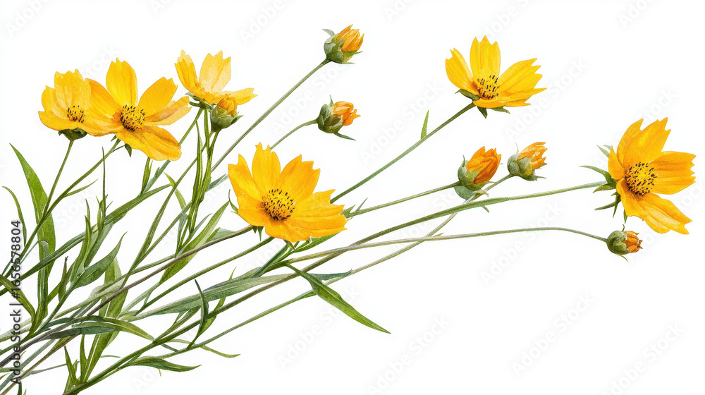 Poster bright yellow flowers with green stems and buds create cheerful and vibrant display, perfect for add