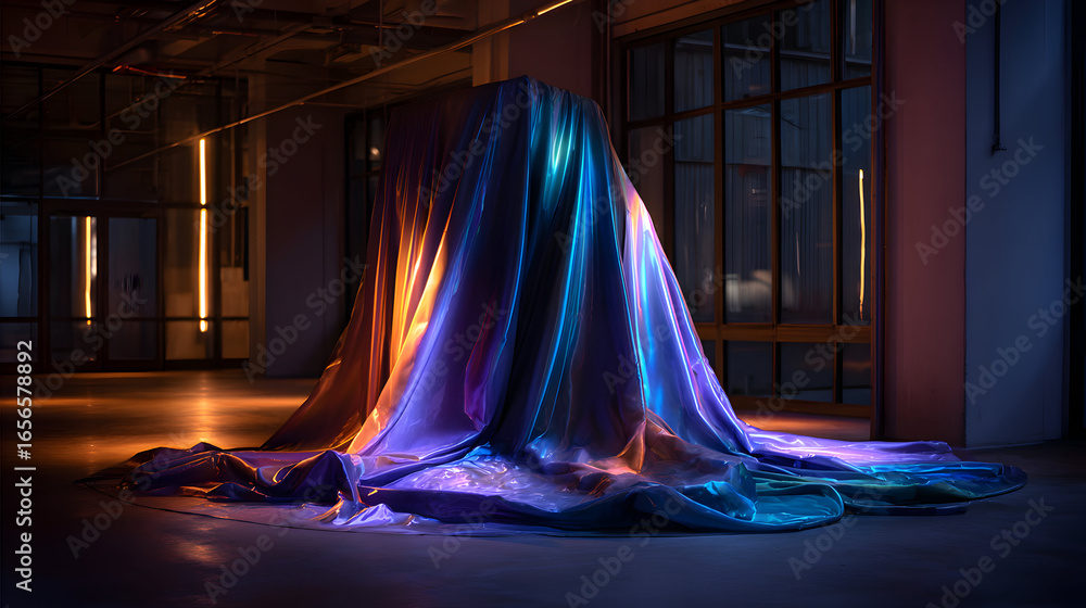 Poster reveal of vibrant fabric unveiling hidden subject in mysterious light bathed room evoking wonder and