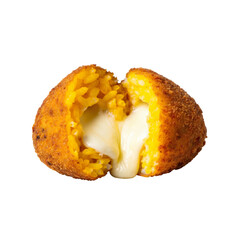 Golden Fried Arancini Ball Cut in Half with Melted Cheese Filling on Transparent Background