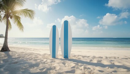 3D rendering, summer beach concept, beautiful beach with two surfboards on the sand