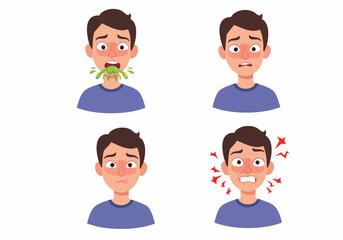 Set of vector illustrations depicting a man with symptoms of sickness: vomiting, nausea, and headache discomfort.