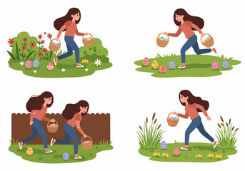 Set of illustrations of a happy girl enjoying an outdoor Easter egg hunt in various springtime settings.