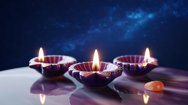 Three diwali oil lamps glowing with a beautiful flame on a reflective surface