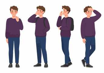 Obraz premium Vector Illustration Set of a Young Man Showing Common Sickness Symptoms like Cold, Flu, and Allergy Discomfort.