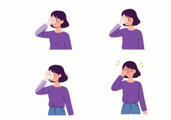 Woman covering eyes from bright light or discomfort, illustrating headache, migraine, eye strain, and sensitivity symptoms.