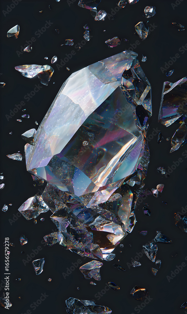Poster Iridescent crystal formation amidst shattered fragments a geometric display of mineral science with light refracting through crystalline structures a captivating abstract in dark