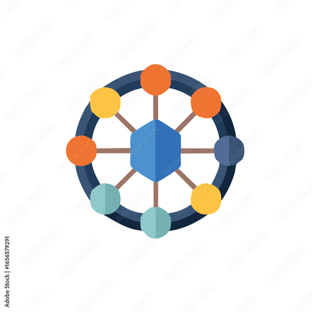 Poster Abstract Wheel Structure with Colorful Spheres Encircling Hexagonal Center Point, Connected spokes Design element