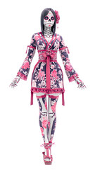 Obraz premium La catrina wearing kimono dress and posing on transparent background