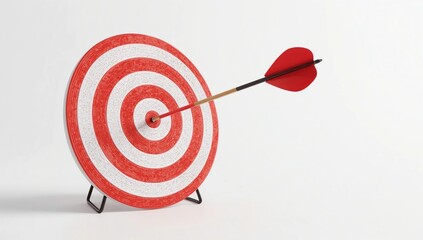 a red and white archery target with an arrow hitting the bullseye, placed on a clean white background, 
