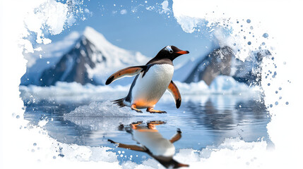 Fototapeta premium Playful penguin glides across icy waters, showcasing its vibrant colors against stunning backdrop of mountains and splashes of watercolor