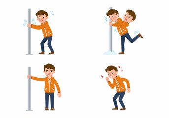 Young boy's tongue gets painfully stuck to a frozen metal pole in a series illustrating a common winter mishap.