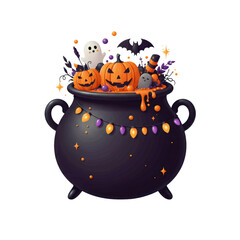 Halloween Cauldron with Pumpkins Ghost and Bat Festive Spooky Decoration in Orange Purple and Black on Transparent Background