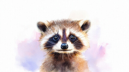 Obraz premium Cute raccoon illustration with expressive eyes and soft fur, showcasing watercolor style that evokes warmth and charm