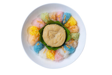 Thai traditional dessert (Khao niao sangkhaya), Sweet sticky rice with egg custard on top and...