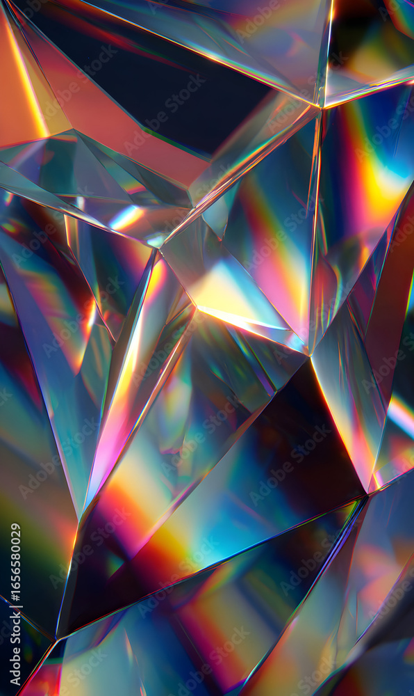 Poster abstract crystal prism refraction showcasing spectrum of light shining through geometric surfaces cr