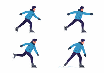 Illustration of a Man Ice Skating: Various Poses Demonstrating Winter Sports and Leisure Activity on a White Background.