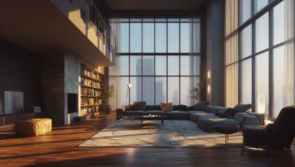 Modern penthouse living room with city views