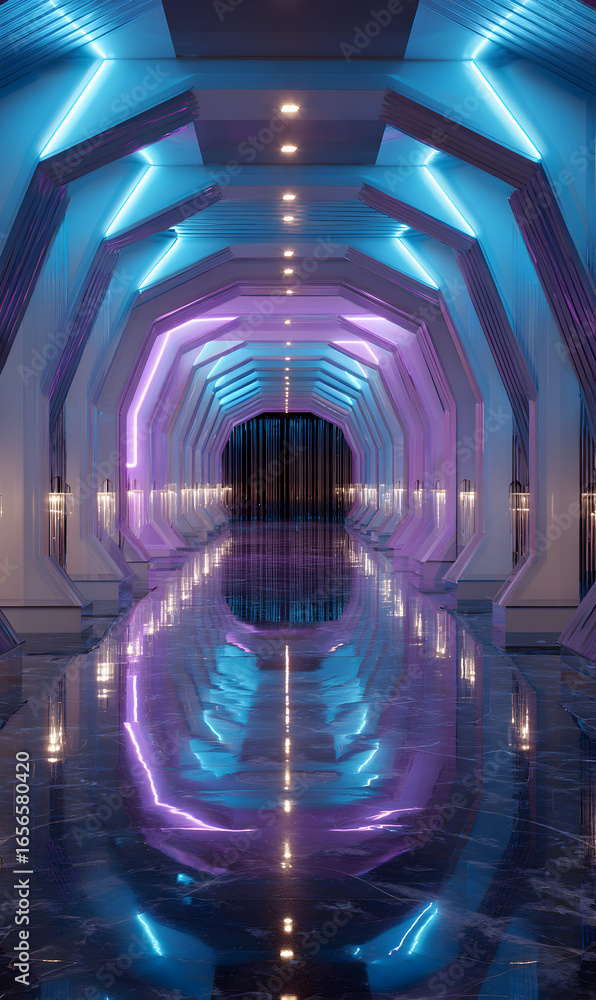 Poster futuristic neon illuminated architecture abstract corridor with reflective surfaces a captivating de