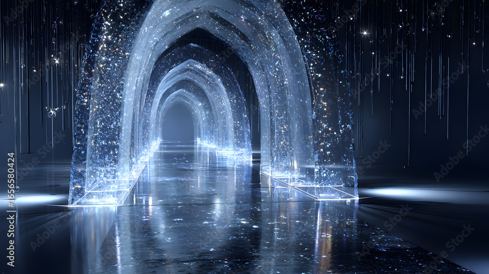 Poster enchanting crystal arches shimmer with ethereal light creating a captivating path illuminated with s