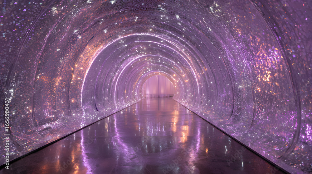 Poster captivating illuminated purple tunnel with iridescent sparkles reflecting on a polished floor creati